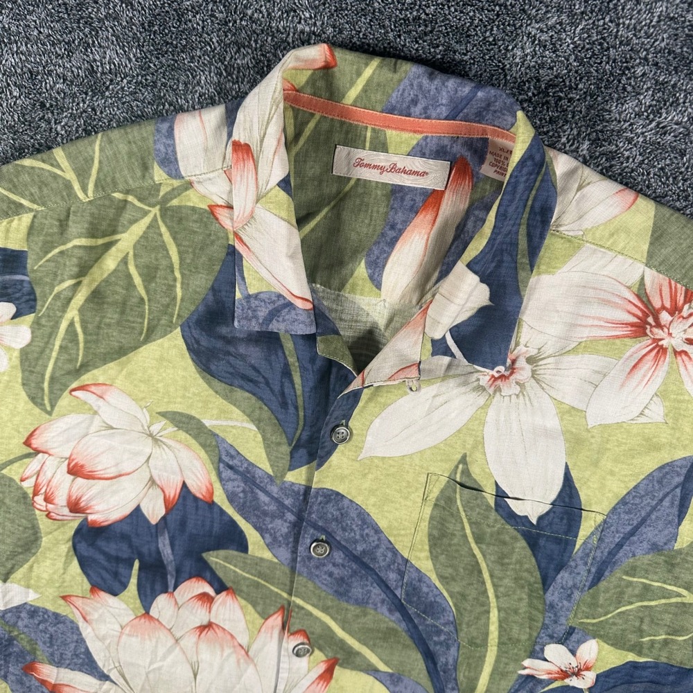 Tommy Bahama Silk Shirt Mens XL Floral Green Blue Short Sleeve Button Down Camp